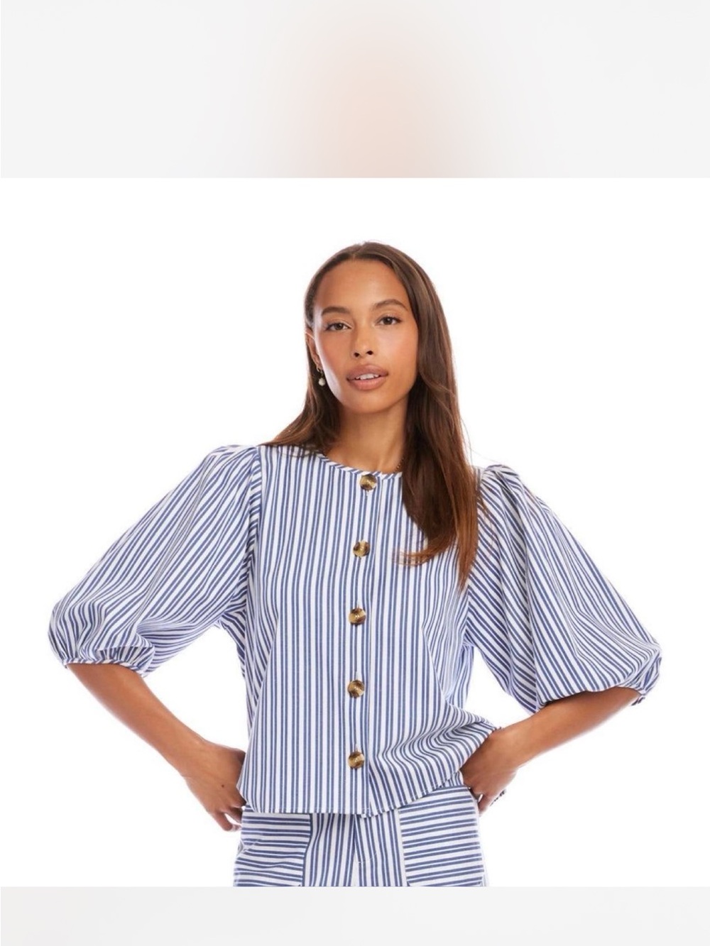 Karen Kane Blue Stripe Puff-Sleeve Button Front Top size XL